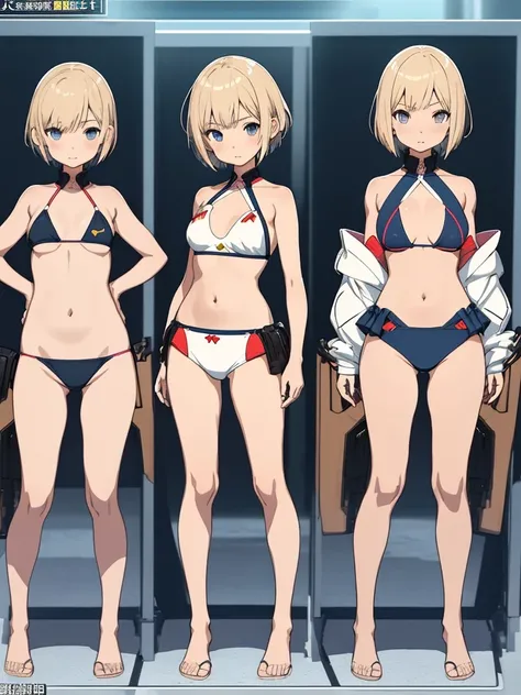 1girl、vtuber-fullbody、highest quality、Masterpiece、Official Art、The best composition、Super detailed、Standing in front of the viewer、short hair、8 heads、シンプルなbikini、Character design sheet、bikini、Small breasts、