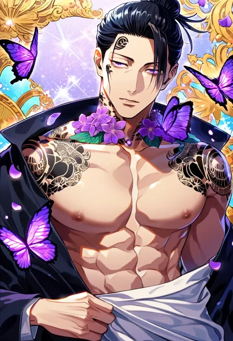 Ultra detailed, HDR, Highres, absurdres, master piece, Geto Suguru, black hair tied in a bun, expressive purple eyes, Jujutsu Kaisen, purple glittering butterflies, petals, fantasy, purple flowers, sexy man, solo, extremely detailed face and eyes, handsome...