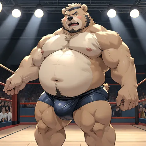 ((Masterpiece)),((Hight quality)),((Hught Detailed)),((Realistic,)) Anime Artistic masterpiece art, Concept anime art, Anatomy of character, Obese sumo wrestler Millionaire Boss Bear in underwear, He is very Obese and very muscular Sumo wrestler, Extreme B...