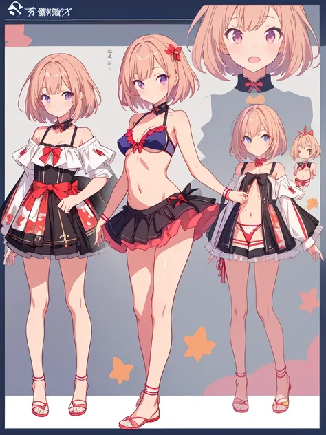 1girl、vtuber-fullbody、highest quality、Masterpiece、Official Art、The best composition、Super detailed、Standing in front of the viewer、short hair、Simple bikini、Character design sheet、Small breasts、