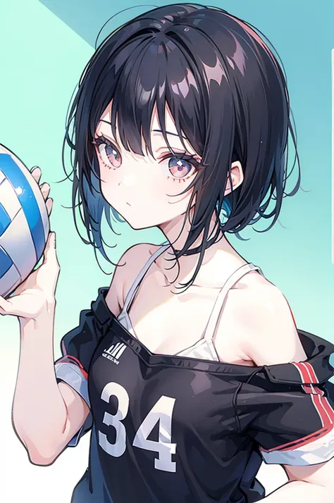 A beautiful girl with black bob hair playing volleyball