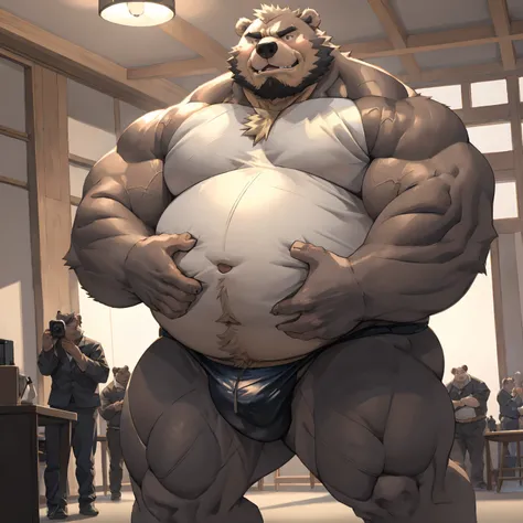 ((Masterpiece)),((Hight quality)),((Hught Detailed)),((Realistic,)) Anime Artistic masterpiece art, Concept anime art, Anatomy of character, Obese sumo wrestler Millionaire Boss Bear in underwear, He is very Obese and very muscular Sumo wrestler, Extreme B...