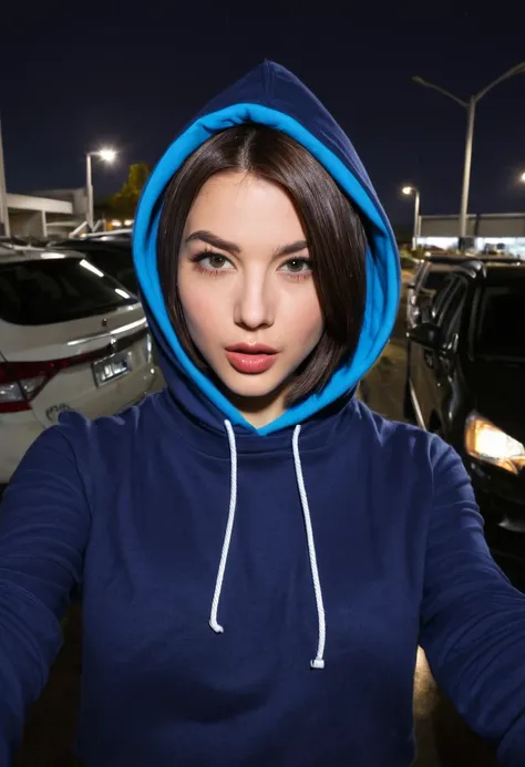 Woman, 27 years old, in a room, taking a selfie, brunette, fleshy lips, A-line bob hair, a dark blue sweatshirt and a hood, in a parking lot at night