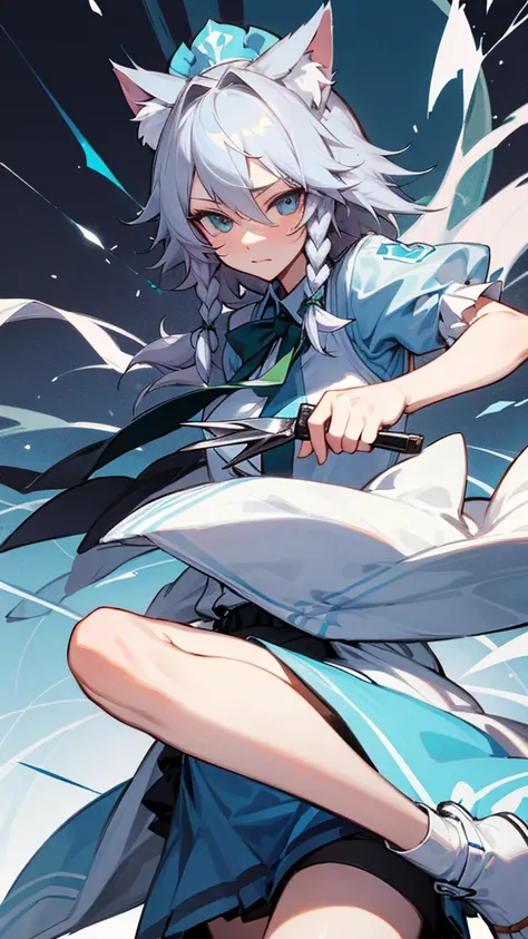 highest quality　Neutral face　woman　I have long hair　Odd Eye　Gray Hair　Sakuya Izayoi　beautiful girl　Cat ear　kind　Embarrassed　Silver knife　Sisters