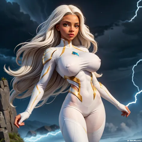 UHD, Artwork, accurate, Anatomically correct, super detail, high details, high quality, best quality, 8K, high resolution. The heroine Storm (Ororo Munroe) looks beautiful in a full-length photo. Brown eyes and long white hair match her dark skin and trans...