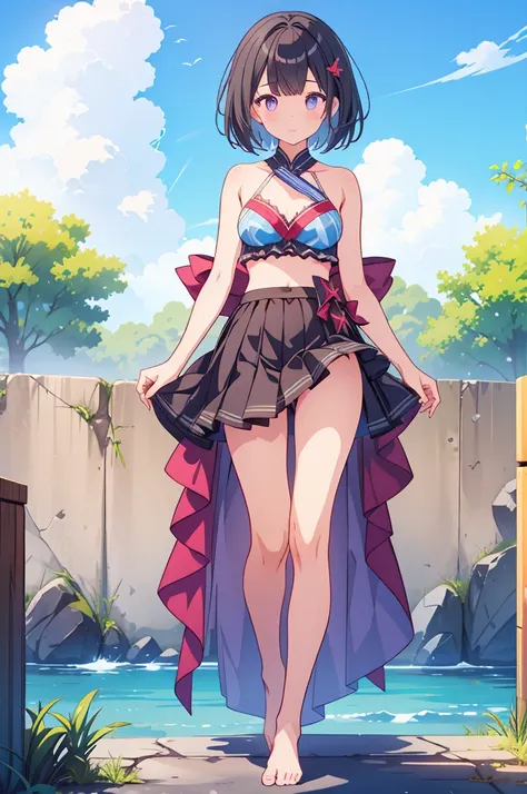 1girl、vtuber-fullbody、highest quality、Masterpiece、Official Art、The best composition、Super detailed、Standing in front of the viewer、short hair、Simple bikini、Small breasts、barefoot、Transparent Background、