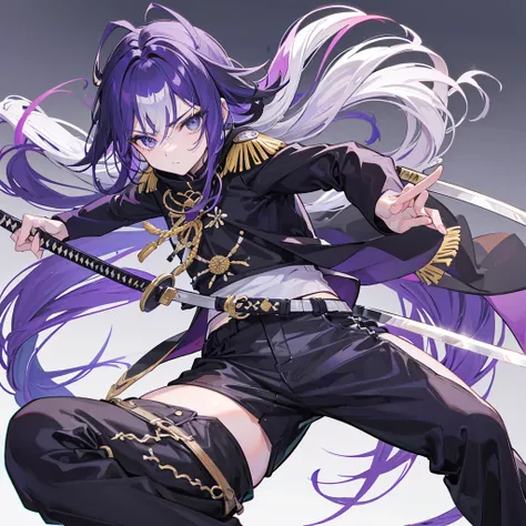 Um garoto de cabelo roxo escuro, olhos amarelos, casaco preto, black pants with white stripe on the side, segurando uma katana roxa escura em uma cidade