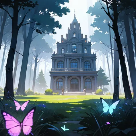 no person, no people, A large mansion in a dark forest inhabited by colorful, glowing butterflies, The exterior of the Western-style building, A ray of light illuminates the Western-style building., Fantastic landscape