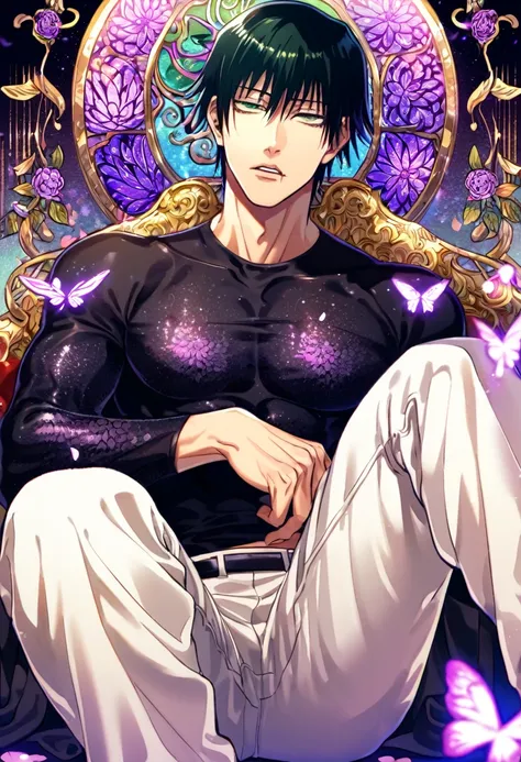 Ultra detailed, HDR, Highres, absurdres, master piece, Fushiguro Touji, black straight hair, expressive green eyes, Jujutsu Kaisen, purple glittering butterflies, petals, fantasy, purple flowers, sexy man, solo, extremely detailed face and eyes, handsome, ...