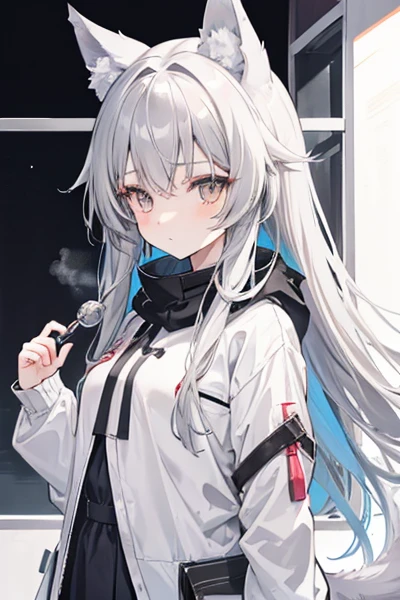 Girl anime girl with light gray long hair and wolf ears and tail, gray eyed girl