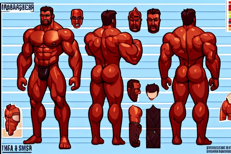 ((Masterpiece, Highest quality)), Male, boy, Detailed face, character design sheet， full body, Full of details, frontal body view, back body view, Highly detailed, Depth, Many parts, Muscle daddy，hair body handsome man, leather joscktrap and bdsm clothers.