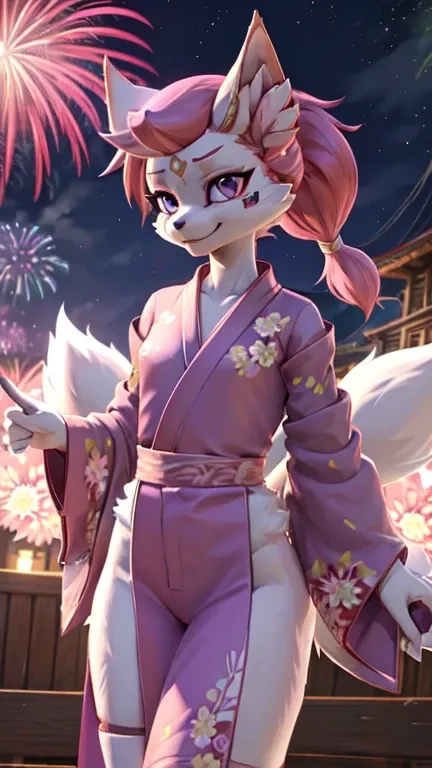 kimiko five-tails, furry female anthro, fox girl, white body fur, pink hair, ((pink kimono, lilac flower on hair)), small breast...