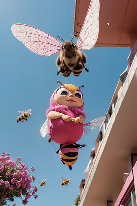 create a bee that is flying in fuchsia and pink, in Pixar format.