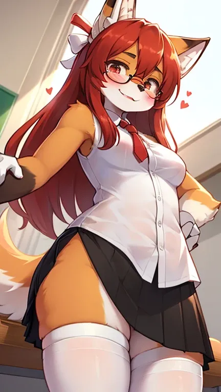 best quality,best resolution,(fluffy anthro furry :1.6),fox girl,red long hair,curvy hair,classroom,light and shadow,(white shirt),sleeveless,cross hairpin,black skirt,white stocking,glasses,ribbon hairpin,looking at viewer,horny face,horny eyes,very close...