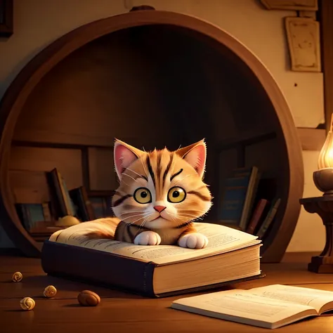 a sleeping kitten curled up on an open book, intricate details, delicate fur, soft lighting, warm colors, cozy atmosphere, beautiful intricate details, photographic, highly detailed, cinematic lighting, masterpiece