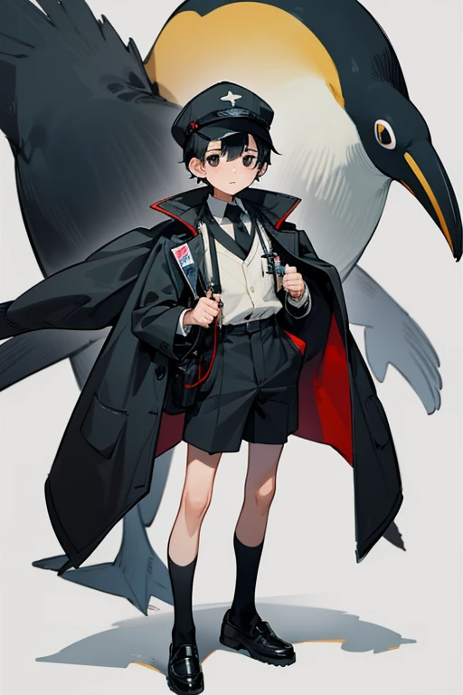 12 year old boy, black hair, black eyes, full body, penguin coat, black stripes shorts, medic cap, penguin Shoes, medical tool kit, nursery, doctor,