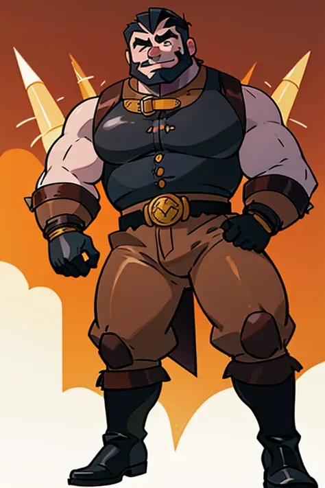 Man Bear_sugardaddy_with big beard_thick eyebrows_sensual smile_big pecs_beefy guy. Wearing harnesses with golden spikes_leather collar_big bulge_black boots_leather gloves.