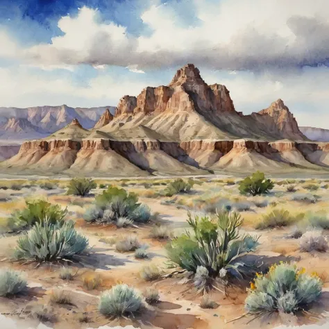 Out in the badlands of old El Paso, watercolor landscape