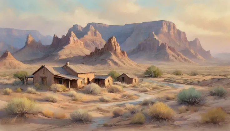 a vast badlands landscape, old El Paso desert, dramatic rocky formations, winding river, weathered adobe buildings, scattered tumbleweeds, warm evening light, watercolor painting style, soft pastel colors, atmospheric haze, detailed textural elements, sere...