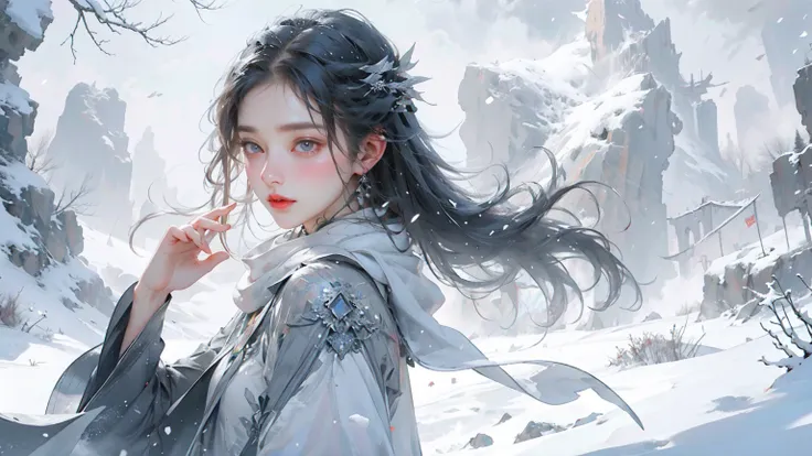 （masterpiece，highest quality，high resolution），（暴snowstorm中一名女子：2.0），（dramatic narrative：2.1），snowstorm，white particle，heavy snow...