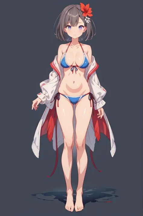 1girl、highest quality、Masterpiece、Official Art、The best composition、Character Design、vtuber-fullbody、Standing in front of the viewer、short hair、dark blue bikini、barefoot、Smaller breasts、Wearing only bikinis、