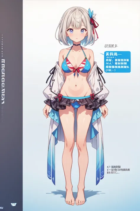 1girl、highest quality、Masterpiece、Official Art、The best composition、Character Design、vtuber-fullbody、Standing in front of the viewer、short hair、dark blue bikini、barefoot、Smaller breasts、Wearing only bikinis、