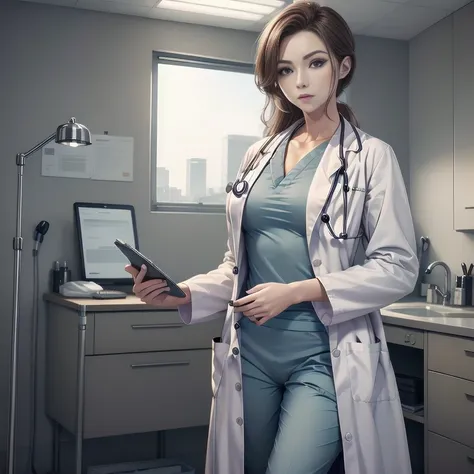 marla sucharetza, sexy doctor, curly auburn hair, blue eyes, standing, ((doctors office)), sharp outline, a natural female, 35 y...