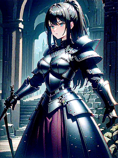 Wearing jet black armor、(masterpiece, top quality, best quality, beautiful and aesthetic:1.2), (1girl:1.3), original, high resolution, (fractal art),  surreal, arthurian legend, knights, armor, british, war, medieval,  panorama, magic, magic imbued, fantas...