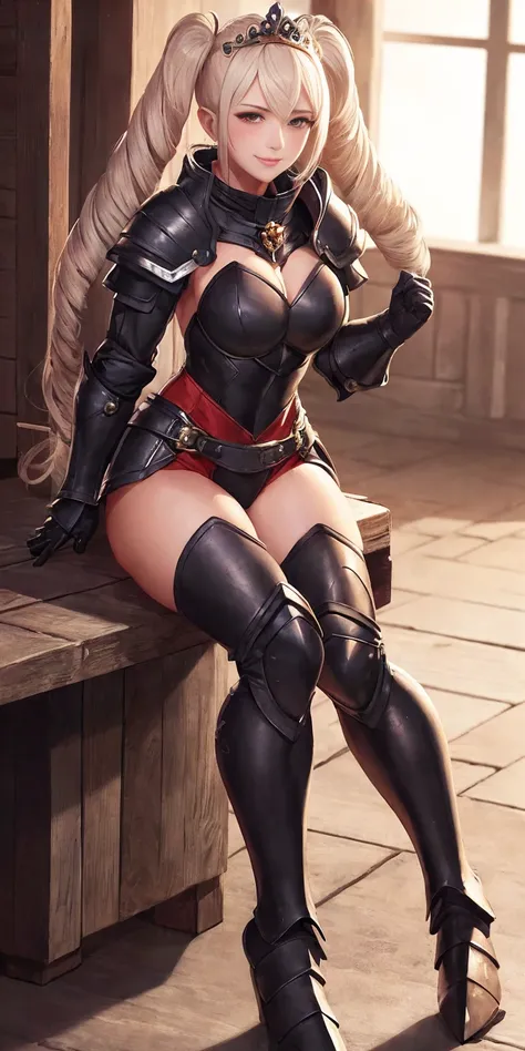 full body sitting on a bench showing ass to me, BLUE breastplate, BLUE skin (1girl)(BLUE skin:1.2) looking at viewer, shiny, armor, thigh highs, high boots, pauldrons shoulder armor, faulds, poleyn, gloves, gauntlets, rerebrace armored boots, (masterpiece,...