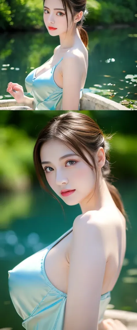 masterpiece、best quality、超high resolution、Realistic skin texture、Reality、high resolution、original photo、shiny skin、Realistic skin texture、Optimal lighting、shine、Dramatic Lighting、Dynamic poses、Lotus、pond、1 Girl、Balanced Eyes、Wearing Chinese Hanfu、Ponytail、...