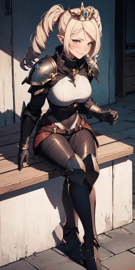 full body sitting on a bench showing ass to me, BLUE breastplate, BLUE skin (1girl)(BLUE skin:1.2) looking at viewer, shiny, armor, thigh highs, high boots, pauldrons shoulder armor, faulds, poleyn, gloves, gauntlets, rerebrace armored boots, (masterpiece,...