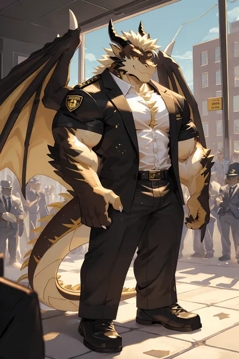 male focus, security guard, Handsome 1boy, solitary, protrait photo，single, (White Paws, White nails:1.3), (Long blond hair:1.2), (Black and gold dragon wings:1.2), Black and gold skin, Black and gold dragon tail, (Black and gold dragon horns, Black and go...