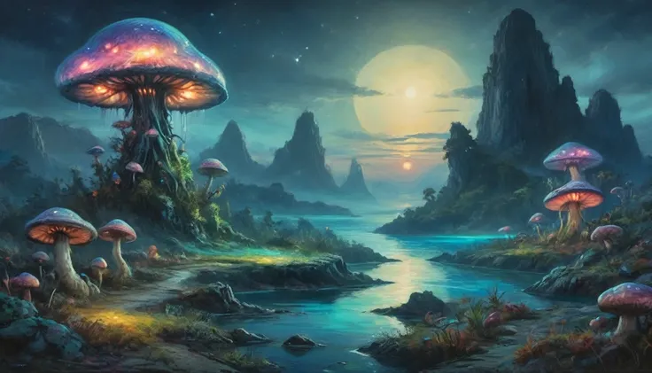 A highly detailed, hyper-realistic alien fungoid world, bioluminescent structures, twilight, watercolor landscape, vibrant colors, dramatic lighting, ethereal, glowing mushrooms, floating islands, alien flora and fauna, serene atmosphere, mystical, imagina...