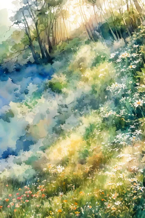 detailed watercolor landscape, pastel colors, lush greenery, rolling hills, vibrant flowers, serene lake, wispy clouds, warm sun...