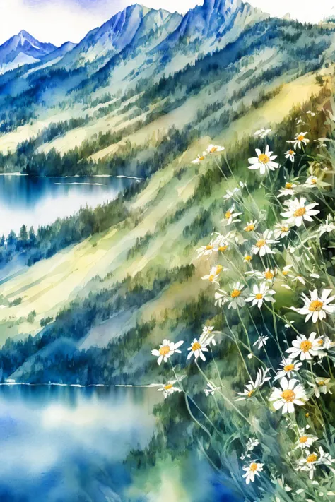 detailed watercolor landscape, pastel colors, lush greenery, rolling hills, vibrant flowers, serene lake, wispy clouds, warm sun...