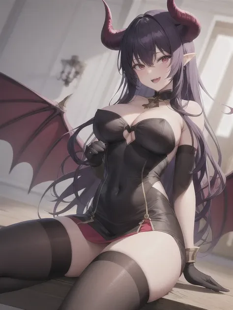 masterpiece,best quality,highres,cinematic lighting,dramatic angle,1girl,horns,dark purple hair,red eyes,fangs,looking at viewer,cowboy shot,claws,armor,red dress,purple skirt,red thighhighs,gloves,holding weapon,lightning,blood,:d,seductive pose,demon com...