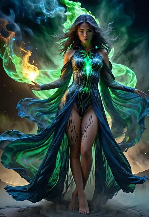 Misty naked Venus, perfect body Torso, mythical style, perfect model, perfect face, face detailed, body wrapped in blue flames, perfect style, translucent color, seductive, green transparent cloak, liquid cloak, whirl wind, neon light, UHD, hair blow, long...