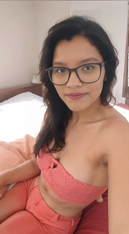 ((masterpiece, best quality, detailed, detailed face, stable difusion, looking at viewer, looking camera photorealistic, 4k resolution, full body portrait)) cute face,in bedroom lying in her bed with legs open, smiling, raw photo, blurry, wearing nerd glas...