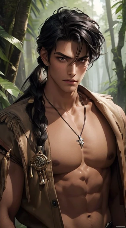 1 boy,Handsome，tall and strong,perfect male figure, eyes looking at camera, ((tanned skin)),forest，primitive，feather hair accessories，Oil paint on the face，black hair,serious expression,Beast tooth necklace,Ray tracing. Half human half horse.