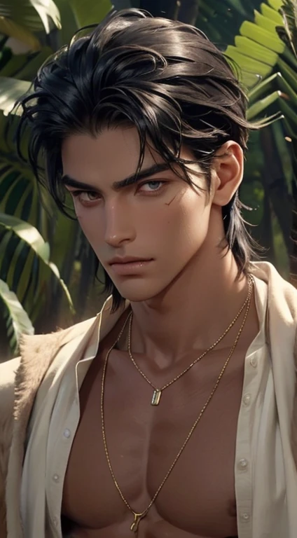 1 boy,Handsome，tall and strong,perfect male figure, eyes looking at camera, ((tanned skin)),forest，primitive，feather hair accessories，Oil paint on the face，black hair,serious expression,Beast tooth necklace,Ray tracing. Half human half horse.