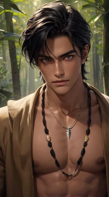 1 boy,Handsome，tall and strong,perfect male figure, eyes looking at camera, ((tanned skin)),forest，primitive，feather hair accessories，Oil paint on the face，black hair,serious expression,Beast tooth necklace,Ray tracing. Half human half horse.