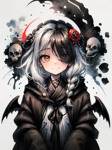 Высокое quality, 16K,masterpiece,illustration (Watercolor+Watercolor) Japanese-style, we use three colors(monochrome). One,1 woman(grim Reaper,Cute,kawaii,Age 10 years,Hair color: white,to braid hair,dirty hair,dark eye color,big eyes,White skin,big smile,...