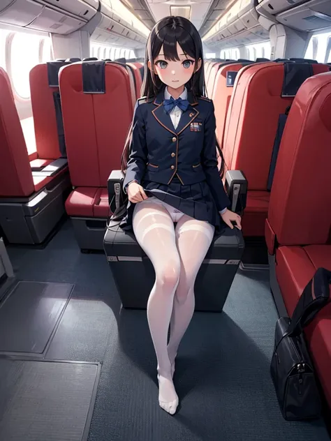 masterpiece, best quality, 1 girl, solo, 10 years old, small breasts, Perfect Face, beautiful, extremely long hair, jal uniform, airplane interior, black pantyhose, white lace panty, panties under pantyhose,full body,sit on the seat,, panty shot, skirt lif...