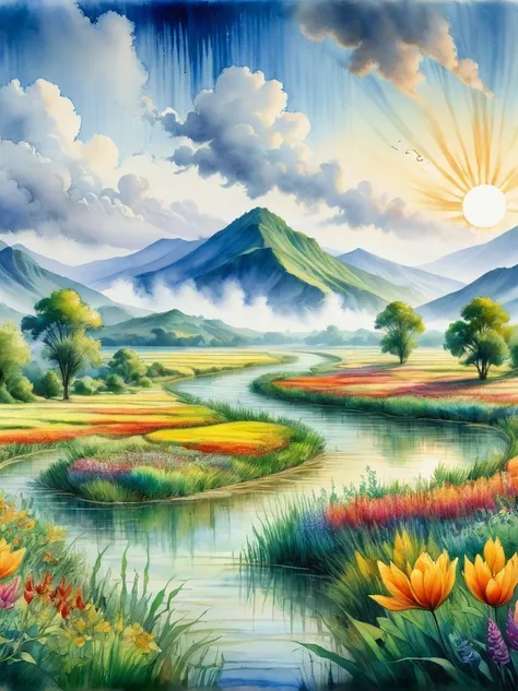 1hbgd1, A scene depicting environmental challenges with a hint of Impressionism. The artwork captures a changing landscape, On one side, it shows a healthy, lush green forest with vibrant flora, sparkling rivers, and a clear, blue sky, On the other side, t...