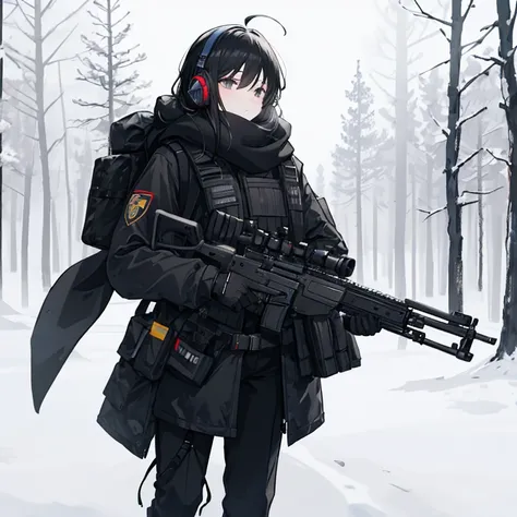 woman in a black coat, bulletproof vest, backpack, antenna, black pants, tall, long black hair, headset, scarf, rifle, snowy background, forest