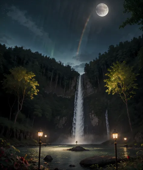 masterpiece, best quality, high quality, cg, 8k, scenery, night, sky, clouds, no man ,lush forest, beautiful waterfall, rainbow, fantasy image, firefly, moonlight, aurora, tree, black snake on tree, apple herd, moose, albino deer, white rabbit,