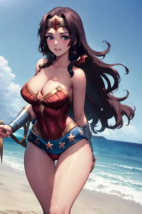 masterpiece, best quality, beautiful art, high resolution, well formed hands, body and fingers, 1 woman, solo, wonder woman,  tiara , long hair, adult, big breasted, cleavage, hair ribbon, full body, sexy and skimpy outfit , gorgeous legs and thighs , danc...