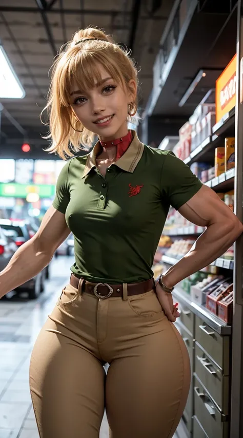 (Muscular:2), (thick thighs:1.9), 
(blonde woman:1.2), (ponytail:1.2), blunt bangs,
eyeshadow, earrings,
detailed eyes, (big smile:1.7), detailed skin,
(small breasts:1.5), (hard nipples:1.2),
choker, (red polo shirt:1.6), (open collar:2), (tight khaki pan...