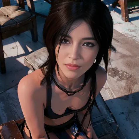 Masterpiece, 8k, best quality, 1 girl, ultra detailed face, perfect skin, perfect face, Lara croft, brown hair, brown eyes, smile, beauty, half naked, she take off her lace undershirt, medium chest, open chest, off shoulders, plattered mini skirt, sitting ...