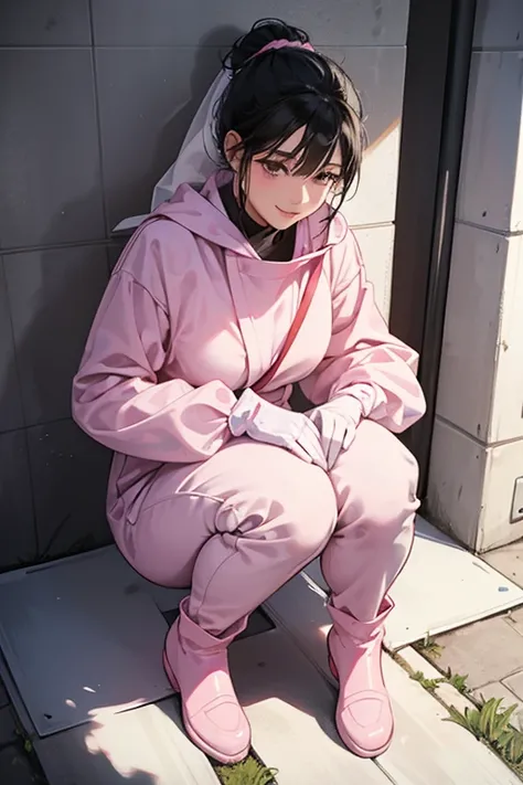 Wearing large pink rubber gloves, white rubber boots and a white cloth wrapped around her head、A mature woman with black hair tied up in a blue long-sleeved jumpsuit cleaning a dirty public toilet in a park with a gentle smile